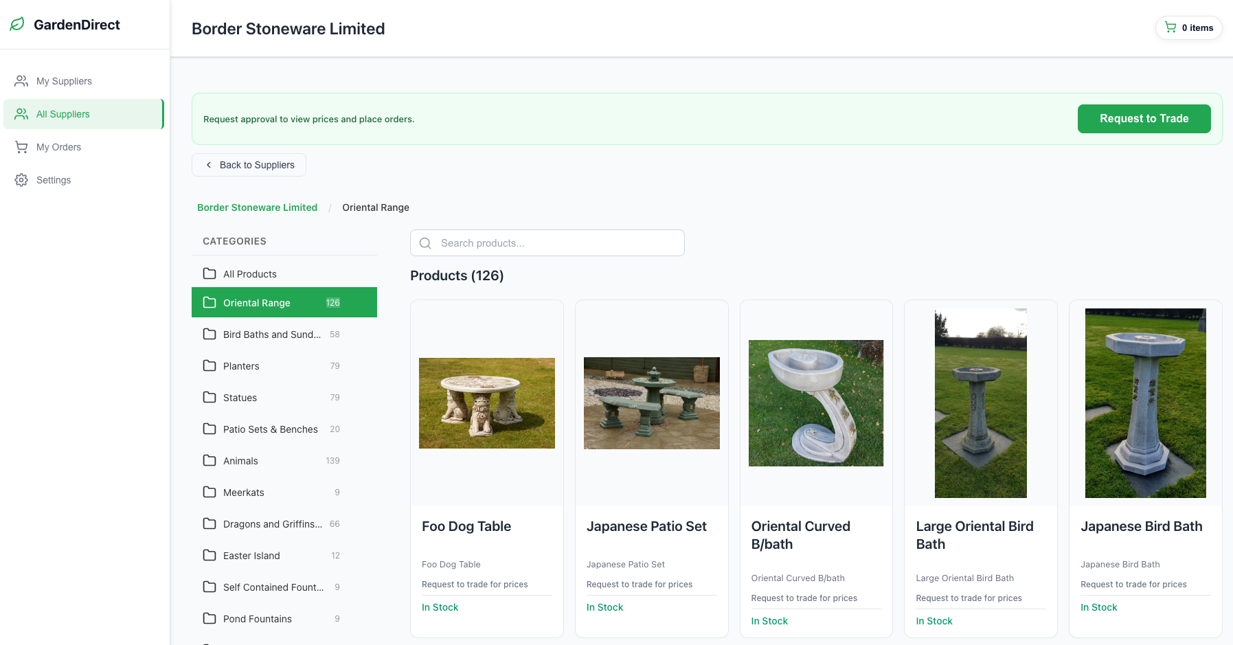 GardenTrade platform showing a wholesale product catalog with garden statues and ornaments