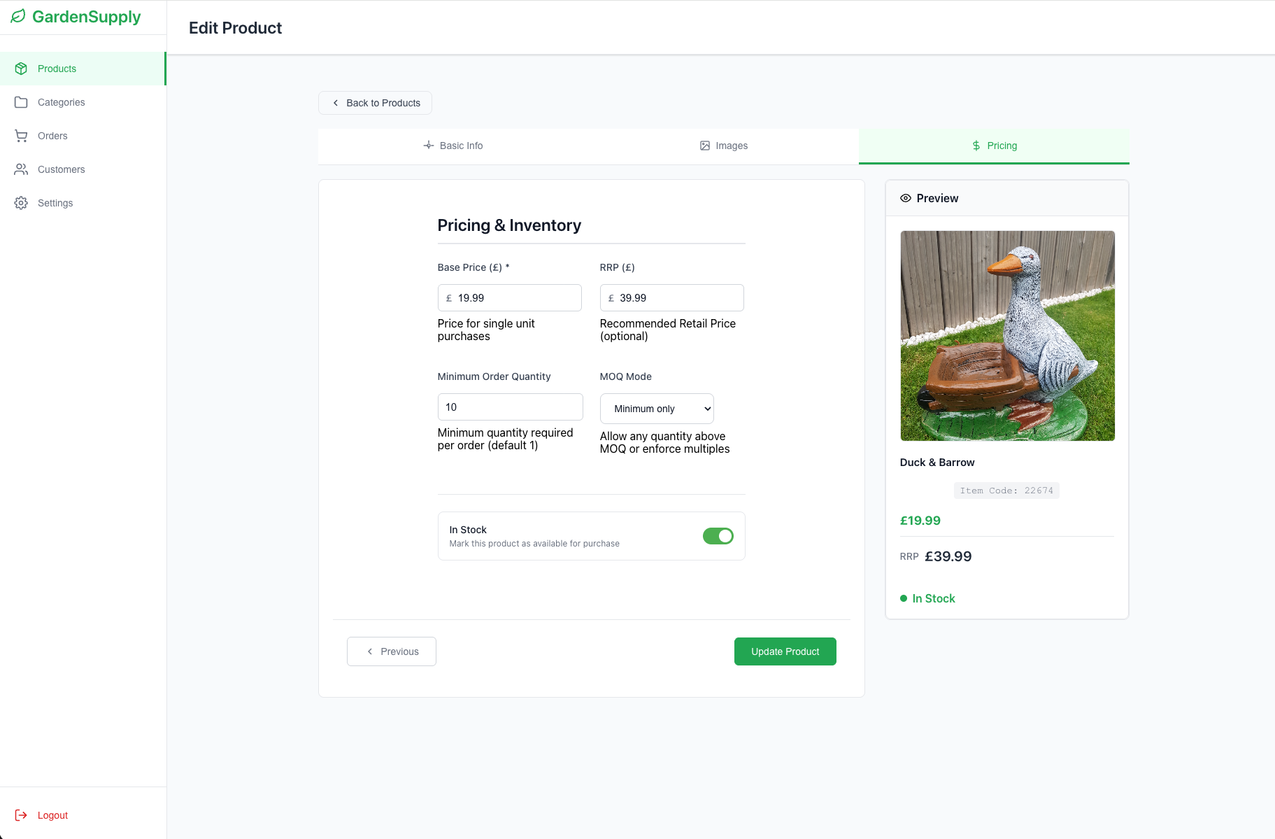 Product pricing and inventory management interface